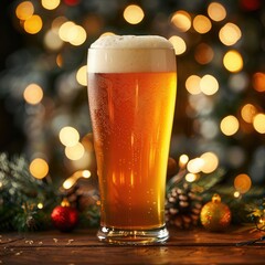 Glass of cold beer with frothy head, premium flavor, holiday celebration backdrop, inviting warm lights