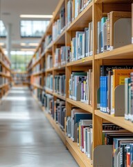 Obraz premium Rows of library books, bright and well-lit, wooden shelves, side view, organized and academic feel