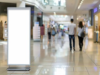 elegant rollup banner stand in bustling shopping mall atrium blank white canvas reflecting ambient light shoppers passing by