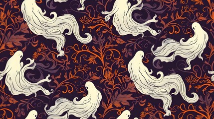 Ethereal Halloween Ghosts Amid Intricate Art Nouveau Floral Motifs in Jewel Toned Iridescent Hues