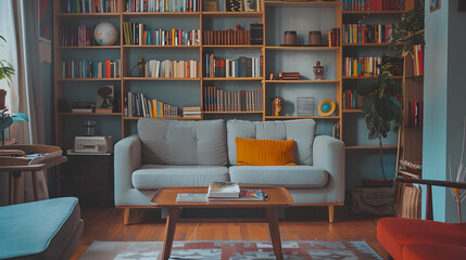 A living room with a white couch and a coffee table