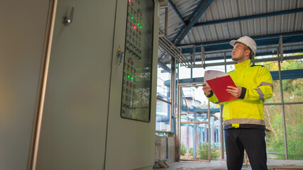 Electrical engineer man checking voltage at the Power Distribution Cabinet,preventive maintenance...