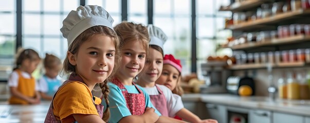 A group of children eagerly participating in a culinary lesson in a modern kitchen The scene is bright and cheerful