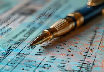 A black pen resting on top of an open passport.