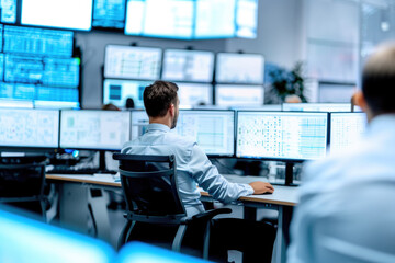 Engineer working on multiple monitors controlling scada application