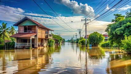 Flooded roads and house aftermath of heavy rain in Phichit, Thailand, flood, natural disaster, aftermath