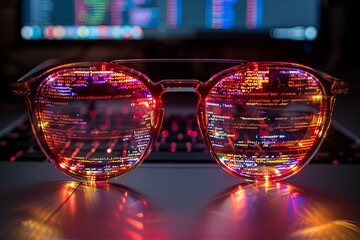 Glasses with code on them placed on a desk.
