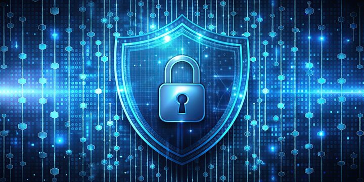 of cybersecurity concept with digital lock surrounded by binary code and shield, cybersecurity, internet, protection, data