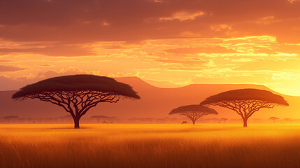 Obraz premium stunning african savannah at dusk with acacia trees standing tall against a vibrant sky and golden grasses swaying in the breeze