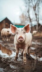 A cute piglet standing in a muddy farmyard, capturing the essence of rural life and farm animals, perfect for themes of agriculture, nature, and childhood.