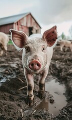 Fototapeta premium A cute piglet standing in a muddy farmyard, capturing the essence of rural life and farm animals, perfect for themes of agriculture, nature, and childhood.