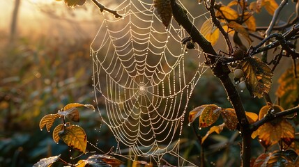 Spider web on autumn branches, decorated with dewdrops, gleaming in the sunlight, representing the fragile and ethereal connection within nature's seasonal transition.