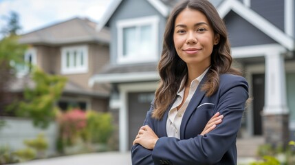 A smiling businesswoman standing in a residential street, embodying professional success and confidence, perfect for themes of career, business, and lifestyle.