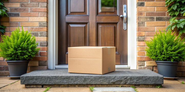 Online shopping delivery service concept. Cardboard parcel box delivered to the front door. Package near front door