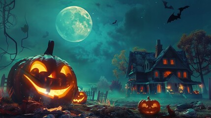 Haunted house with sinister jack-o'-lanterns under a bright full moon. Bats fly across the eerie, moonlit sky, surrounded by mist and dead trees, creating a ghastly ambiance.