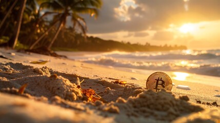 Obraz premium Bitcoin in beach sand at sunset