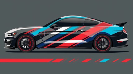 A stylish modern sports car adorned with vibrant multicolored stripes, illustrating contemporary design and high-speed capability. Perfect for modern car aficionados.