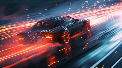 A futuristic vehicle tearing through a road leaving neon light trails, symbolizing advanced technology, innovation, and the blend of speed with cutting-edge design in a night setting.