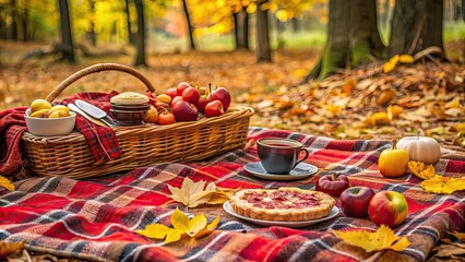 Cozy autumn picnic in a forest with tea, pie, and fresh fruits on a red plaid blanket, Autumn, picnic, forest, cozy, tea