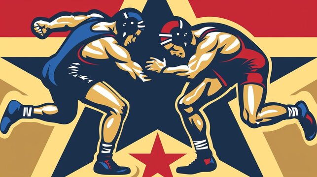 A vibrant illustration of two wrestlers engaged in a match, wearing blue and red gear, set against a backdrop of stars and stripes, symbolizing competition and athleticism.