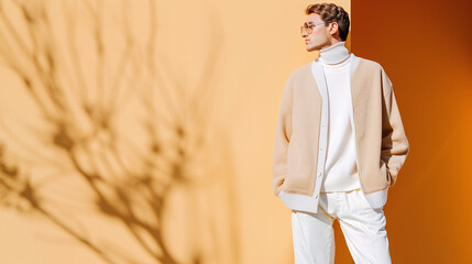 a man dressed in fashionable autumn attire in shades of brown and beige, clean and stylish