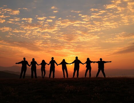 Silhouettes of people holding hands at sunset, symbolizing unity and togetherness. Perfect for themes of community, support, and connection.