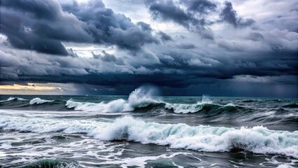 Fototapeta premium A dramatic sea storm with dark clouds, strong winds, and crashing waves, ocean, stormy, weather, dramatic, waves, dark clouds