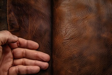 Naklejka premium Hand touching the surface of a brown leather fabric
