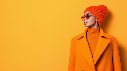 Fototapeta premium a woman dressed in fashionable autumn attire in shades of orange and yellow, clean and stylish
