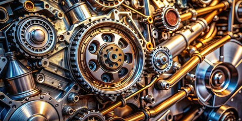 Fragment of a metallic engine exposed, showing intricate details and machinery, metallic, engine, fragment