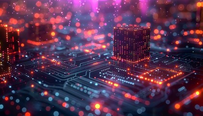 Obraz premium Cityscape illuminated by lights, encircled by circuit boards.