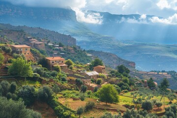 Scenic View of a Traditional Village in Kabylie Region with Rolling Hills and Lush Greenery