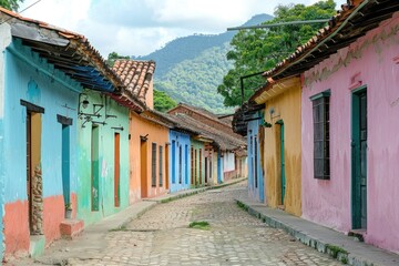 Traditional Venezuelan Street in Colonia with Colorful Buildings and Cobbled Road for Travel Designs