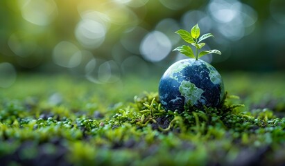 Earth globe with plant on grass