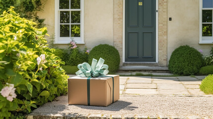 Elegant gift shop delivery, postal service and luxury online shopping, parcel box with a bow on a house doorstep in the countryside, post-processed, generative ai