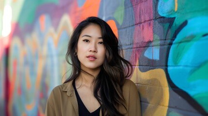 Fototapeta premium A portrait of a fashionable Asian woman with black hair, wearing casual outfit, posing for photoshooting in front of a colorful graffiti wall outdoor. Spray paint, creative design and artwork