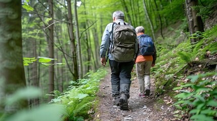 Duo exploring a hidden trail in the woods, excitement evident, trail discovery, exploration