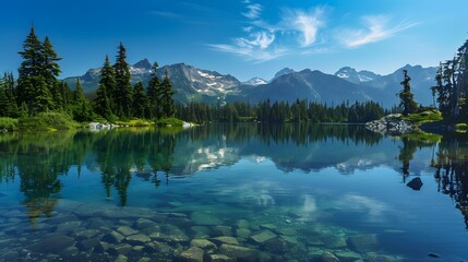 Tranquil lake with crystal-clear water reflecting surrounding trees and mountains, providing a calming and peaceful scene. 