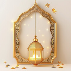 Greeting card with golden frame and lantern. Islamic luxury ornamental background with decorative