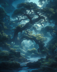 mysterious forest with ancient twisted trees and a soft blue glow illuminating the lush foliage
