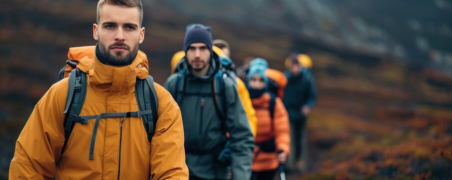 Group of trekkers on a challenging trail, faces lit with excitement, trail adventure, exploration - Powered by Adobe