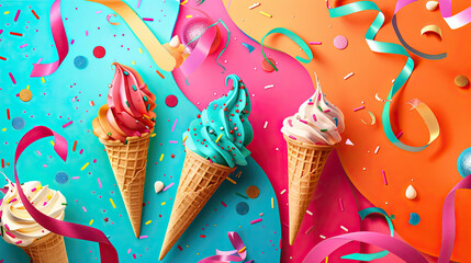 Eye-catching National Ice Cream Day banner with colorful cones, playful scoops, and sundaes on a vibrant background. Add festive ribbons, streamers, and confetti in red, orange, and turquoise