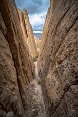 Towering Sandstone Canyons Frame a Serene Backpacking Trail Under a Dramatic Cloudy Sky