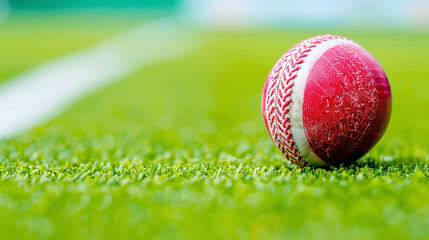 close-up photo of a cricket ball on the green grass of an Indian cricket field