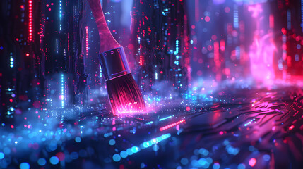 AI-generated artwork depicting a hand painting a futuristic circuit board, blending technology and creativity with neon lighting.