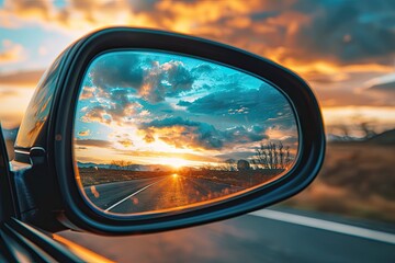 Fototapeta premium Breathtaking sunset colors reflected in a cars side mirror on a road trip