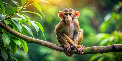 Fototapeta premium Playful monkey sitting on a tree branch in a lush jungle, primate, animal, wildlife, jungle, adorable, cute, mammal, trees