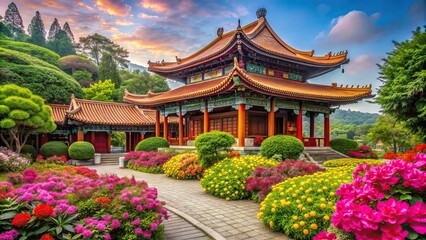Fototapeta premium Chinese temple surrounded by lush garden with colorful flowers and tranquil atmosphere, Chinese, temple, garden