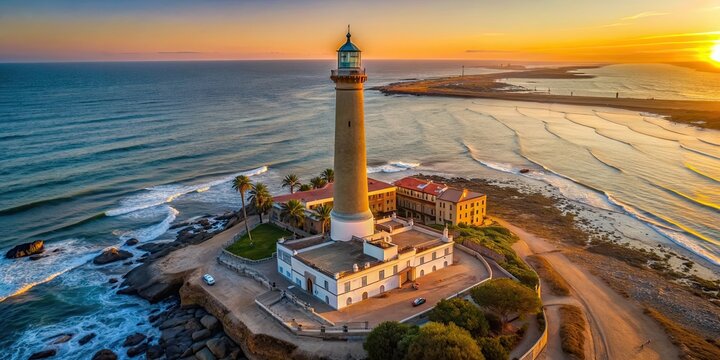 Aerial view of Chipiona lighthouse at sunrise in Cadiz province, drone, view, Chipiona, lighthouse, dawn, sunrise