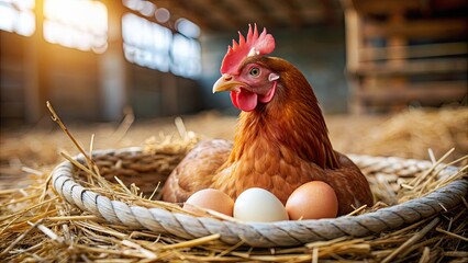 Close-up of a hen sitting on a nest of fresh eggs in a rural organic poultry farm , Chick, egg, nature, bird, chicken, farming